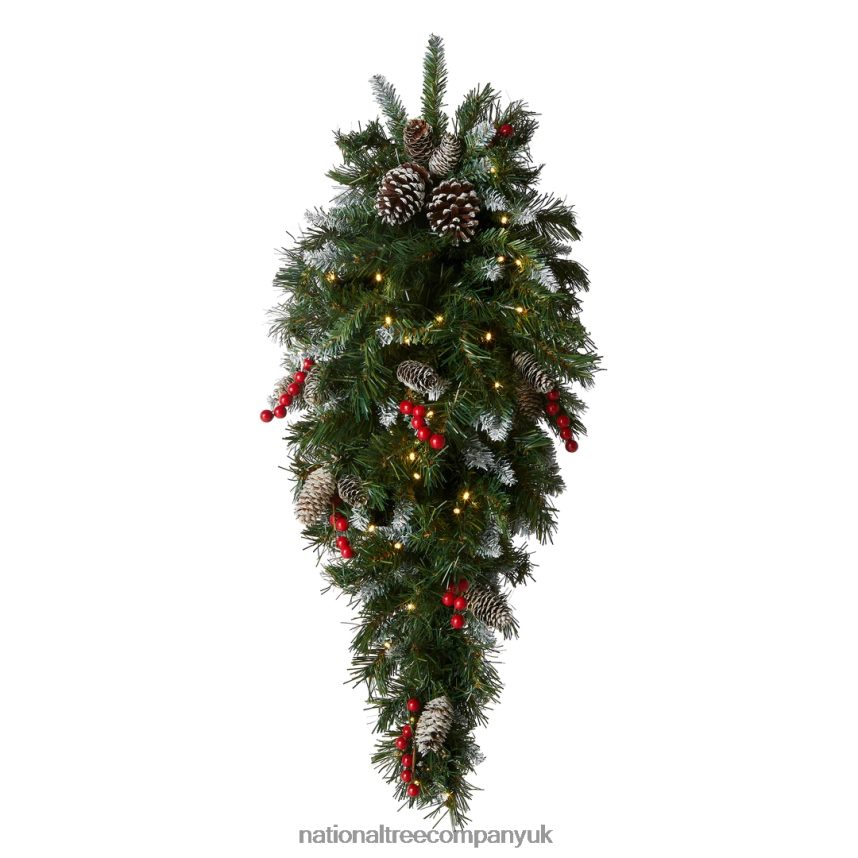 Greenery | National Tree Company Pre-Lit Artificial Christmas Teardrop Green Frosted Berry White Lights Decorated with Pine Cones Berry Clusters Frosted Branches Christmas Collection 36 Inches